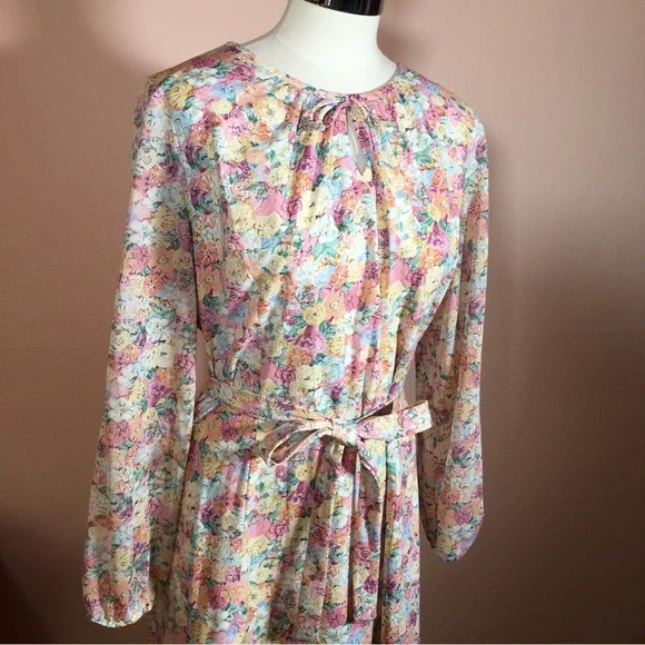 Vintage 60 70 Cottagecore Pastel Floral Peasant Midi Dress Poet sleeves - Picture 9 of 16